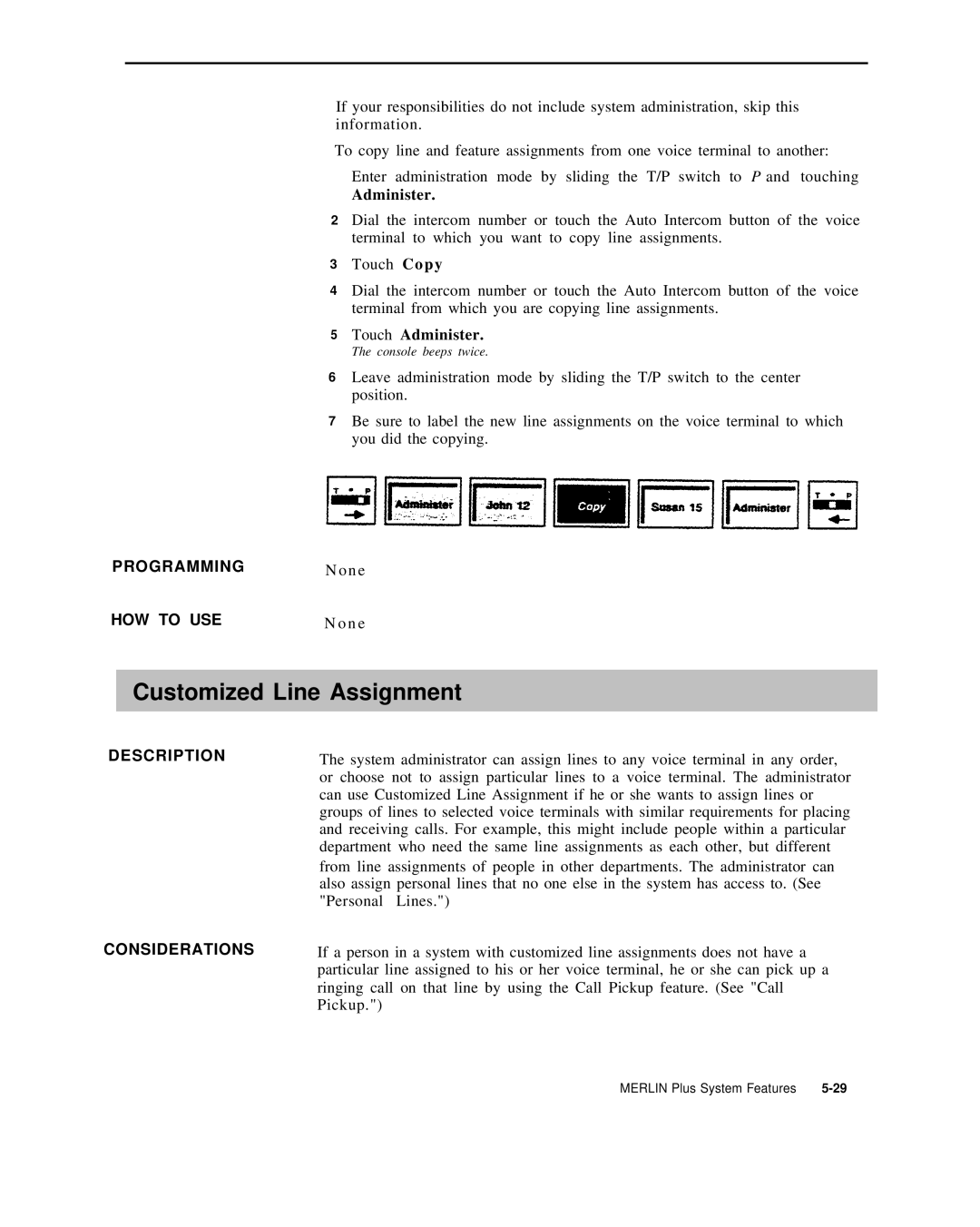 AT&T 999-507-144 system manual Customized Line Assignment, Programmingn o n e 