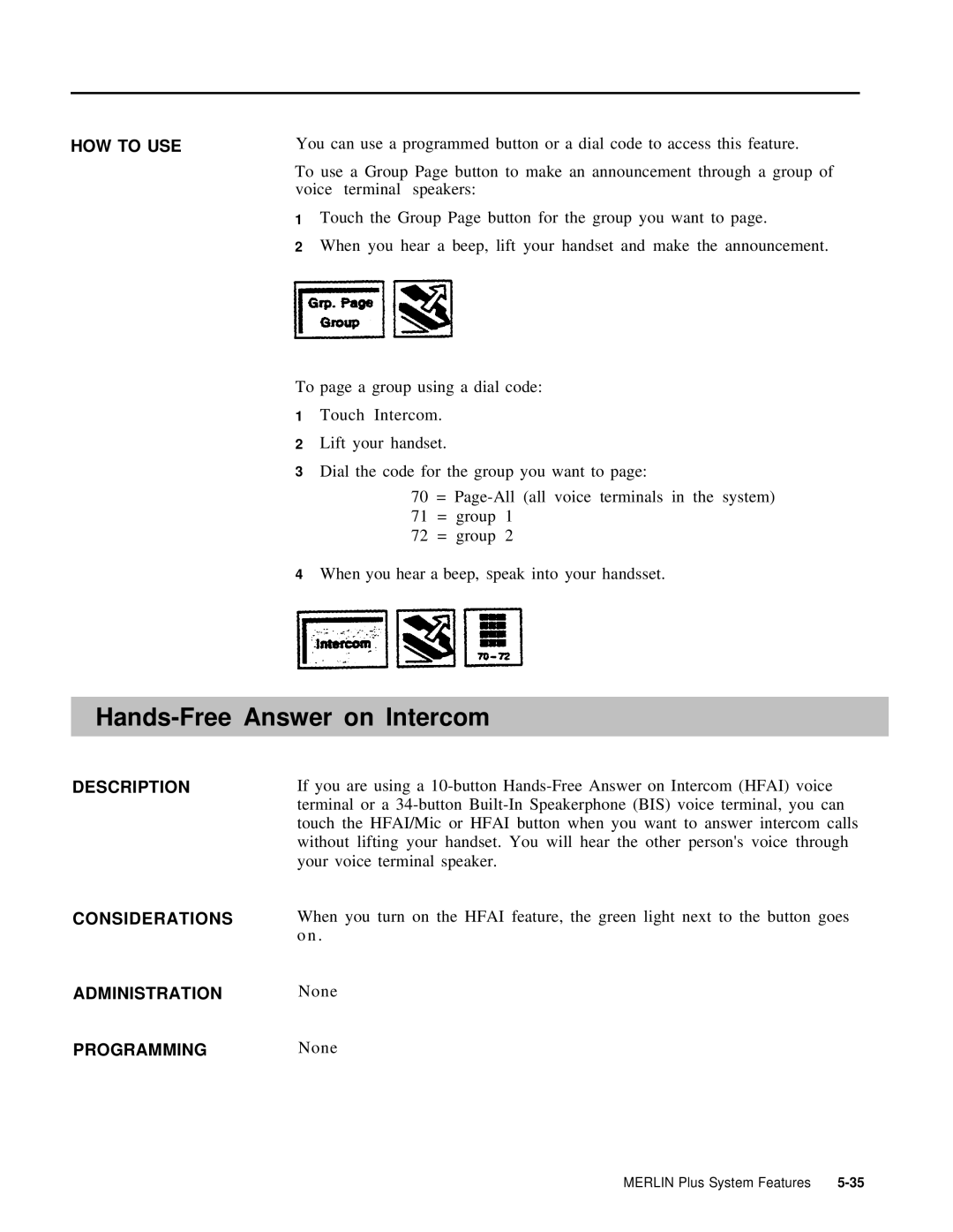 AT&T 999-507-144 system manual Hands-Free Answer on Intercom, ADMINISTRATIONNone PROGRAMMINGNone 