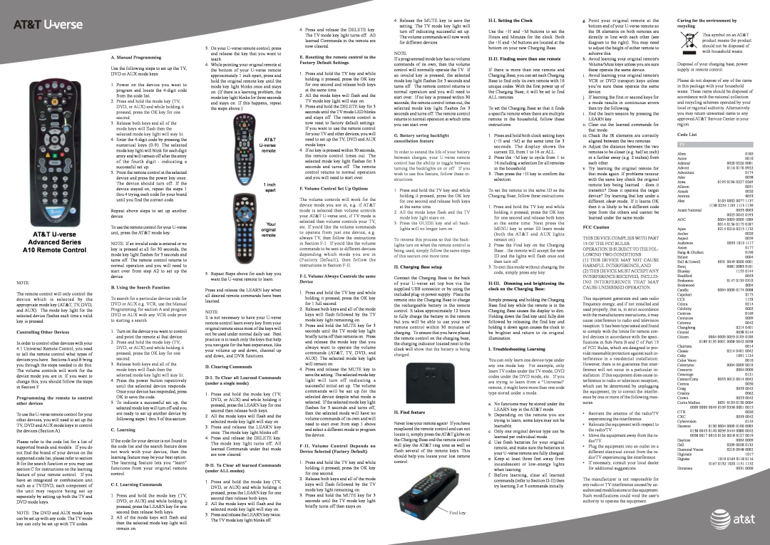 AT&T specifications AT&T U-verse Advanced Series A10 Remote Control, G. Battery saving backlight cancellation feature 