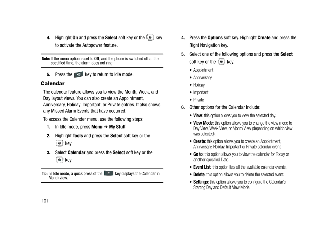 AT&T A837 Rugby user manual Calendar, Select one of the following options and press the Select, 101 