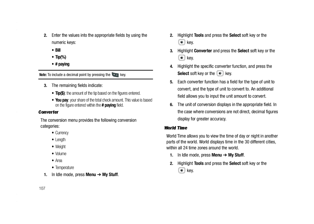 AT&T A837 Rugby user manual Bill Tip% # paying, Remaining fields indicate, Converter, World Time 