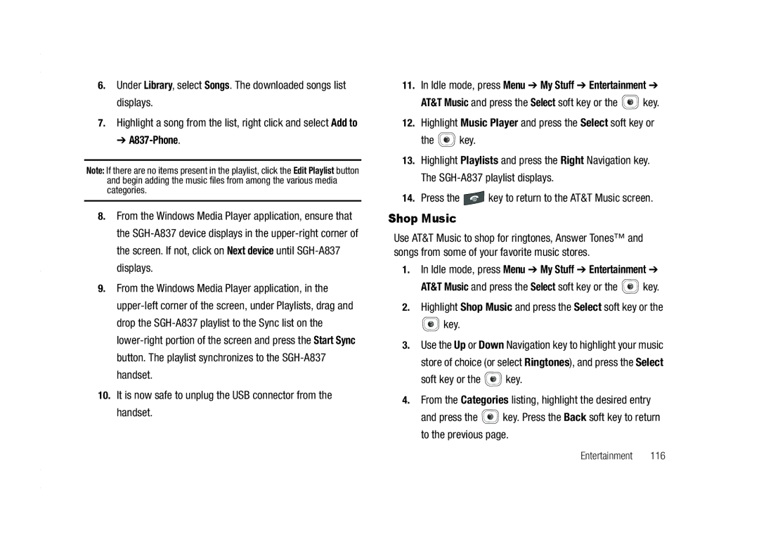 AT&T A837 Rugby user manual Shop Music, A837-Phone, It is now safe to unplug the USB connector from the handset 