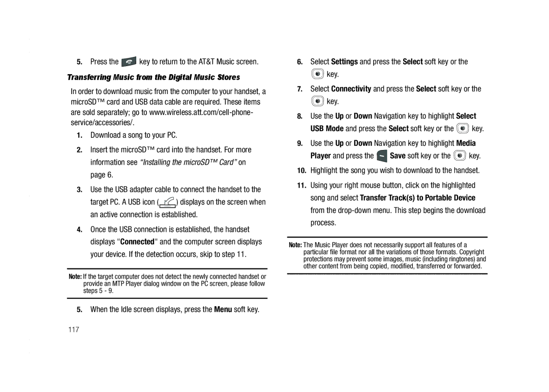 AT&T A837 Rugby Transferring Music from the Digital Music Stores, Select Settings and press the Select soft key or Key 