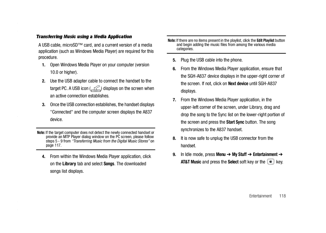 AT&T A837 Rugby Transferring Music using a Media Application, Use the USB adapter cable to connect the handset to 