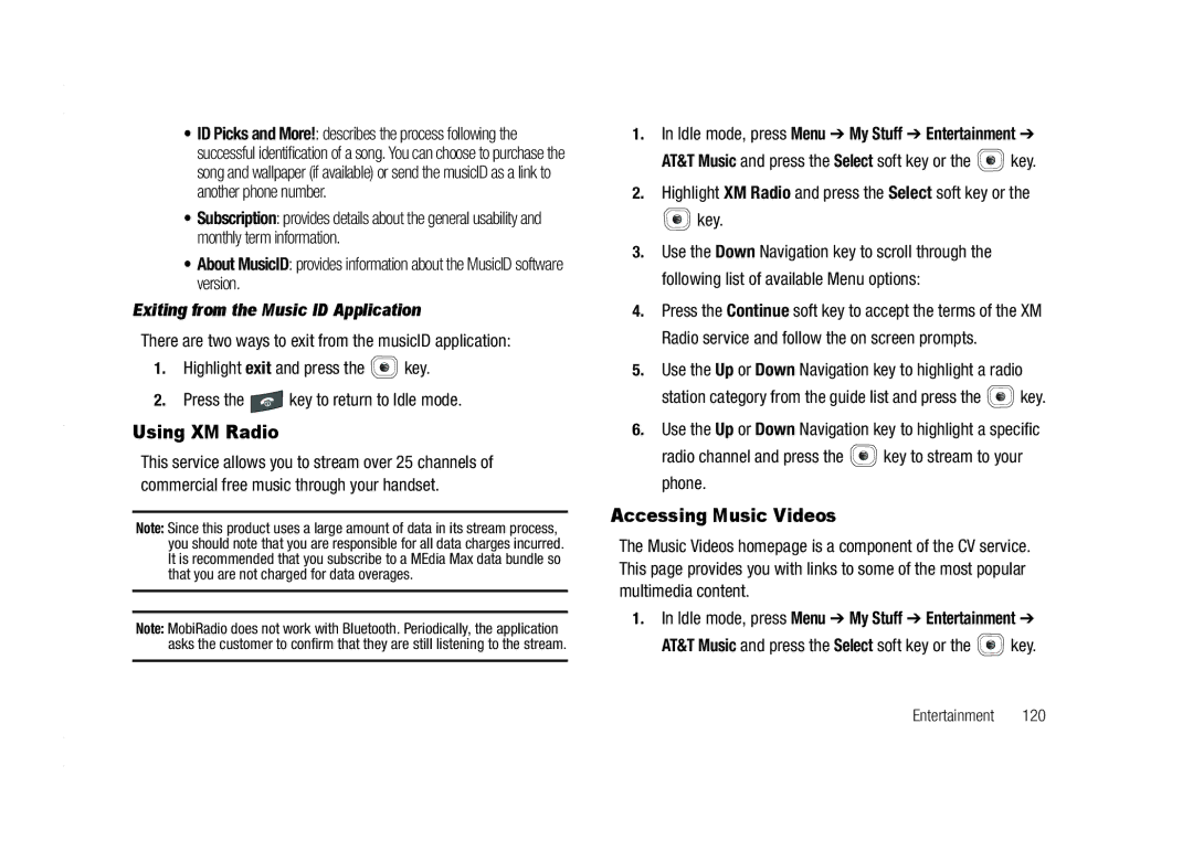 AT&T A837 Rugby user manual Using XM Radio, Accessing Music Videos, Exiting from the Music ID Application 