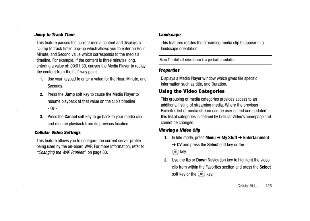 AT&T A837 Rugby user manual Using the Video Categories, Jump to Track Time, Cellular Video Settings, Landscape, Properties 