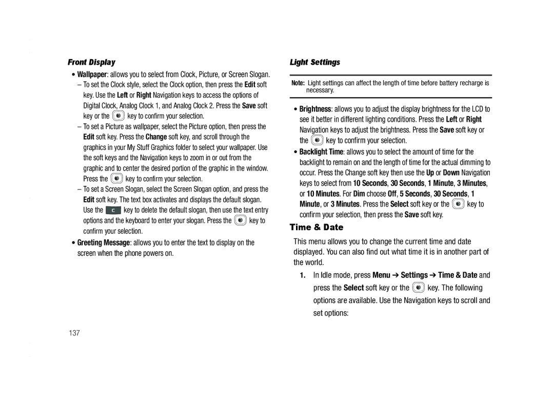 AT&T A837 Rugby user manual Time & Date, Front Display, Light Settings 