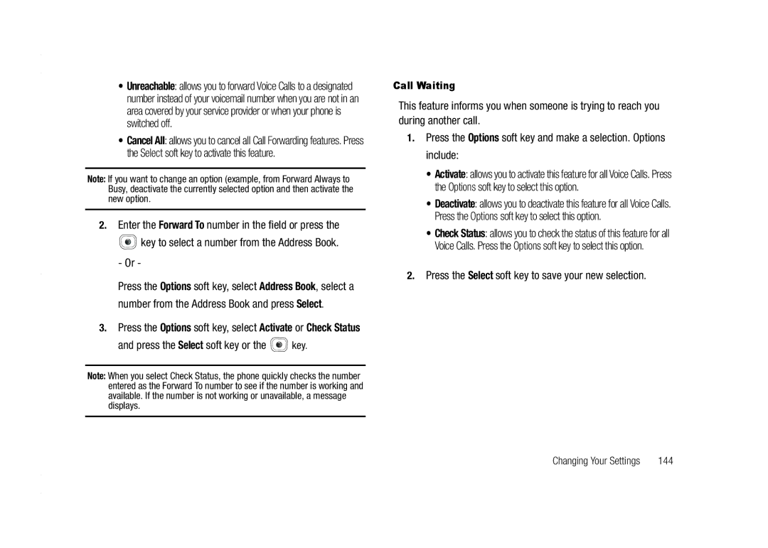 AT&T A837 Rugby Key to select a number from the Address Book, Press the Select soft key to save your new selection, 144 