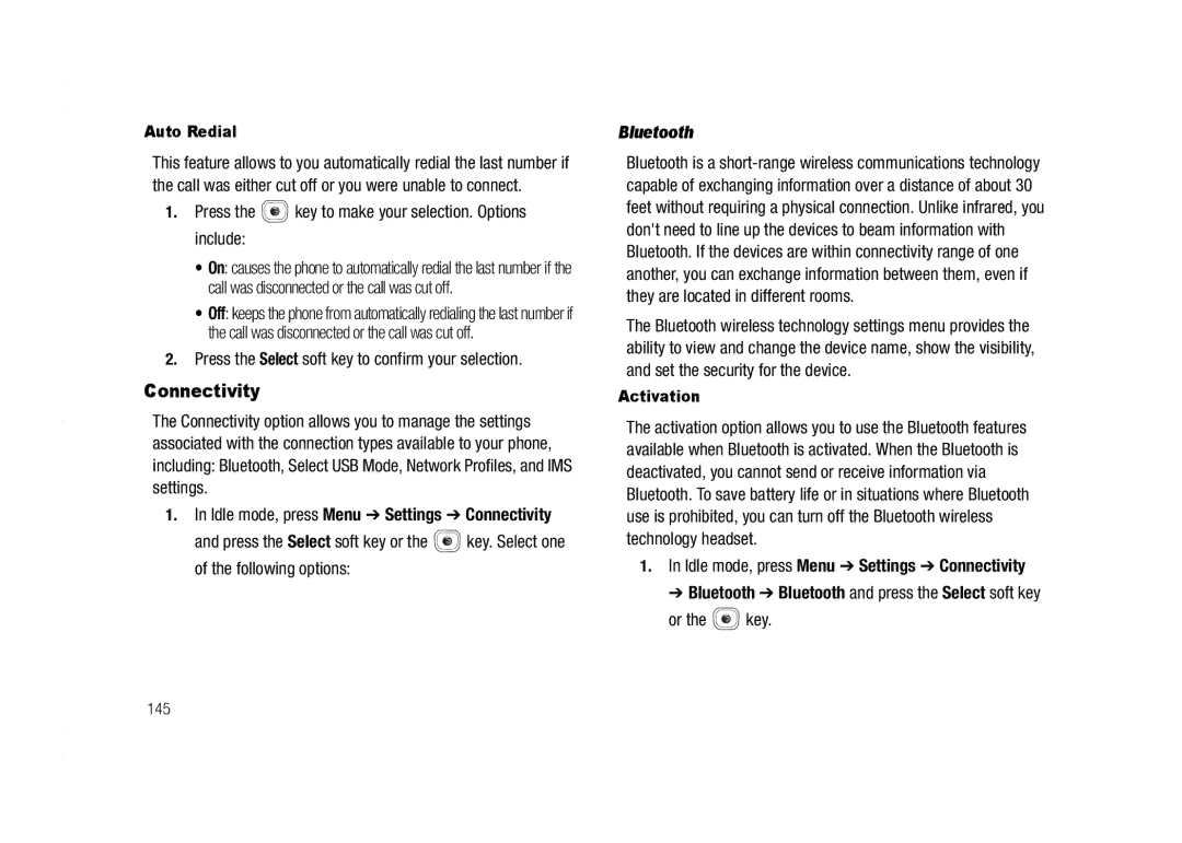 AT&T A837 Rugby user manual Connectivity, Press the key to make your selection. Options include, Bluetooth 