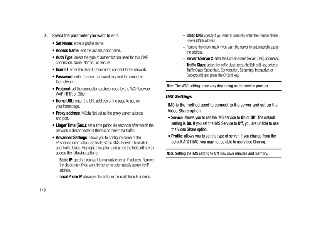 AT&T A837 Rugby user manual IMS Settings, Advanced Settings allows you to configure some, 149 