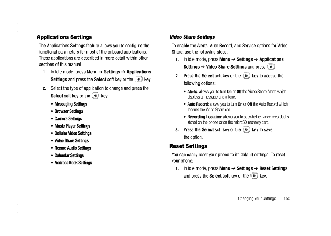 AT&T A837 Rugby user manual Applications Settings, Video Share Settings, Idle mode, press Menu Settings Reset Settings 