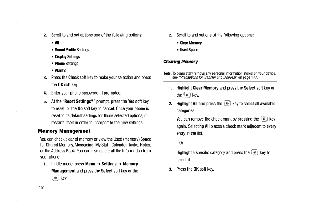 AT&T A837 Rugby user manual Memory Management, Clear Memory Used Space, Clearing Memory 