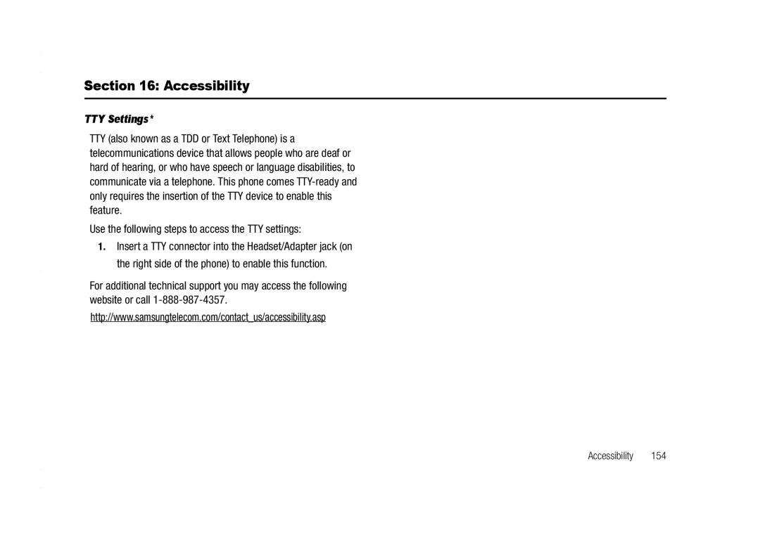 AT&T A837 Rugby user manual Accessibility, TTY Settings, Use the following steps to access the TTY settings 