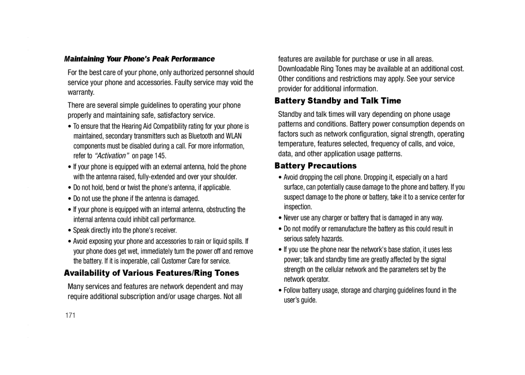 AT&T A837 Rugby user manual Availability of Various Features/Ring Tones, Battery Standby and Talk Time, Battery Precautions 