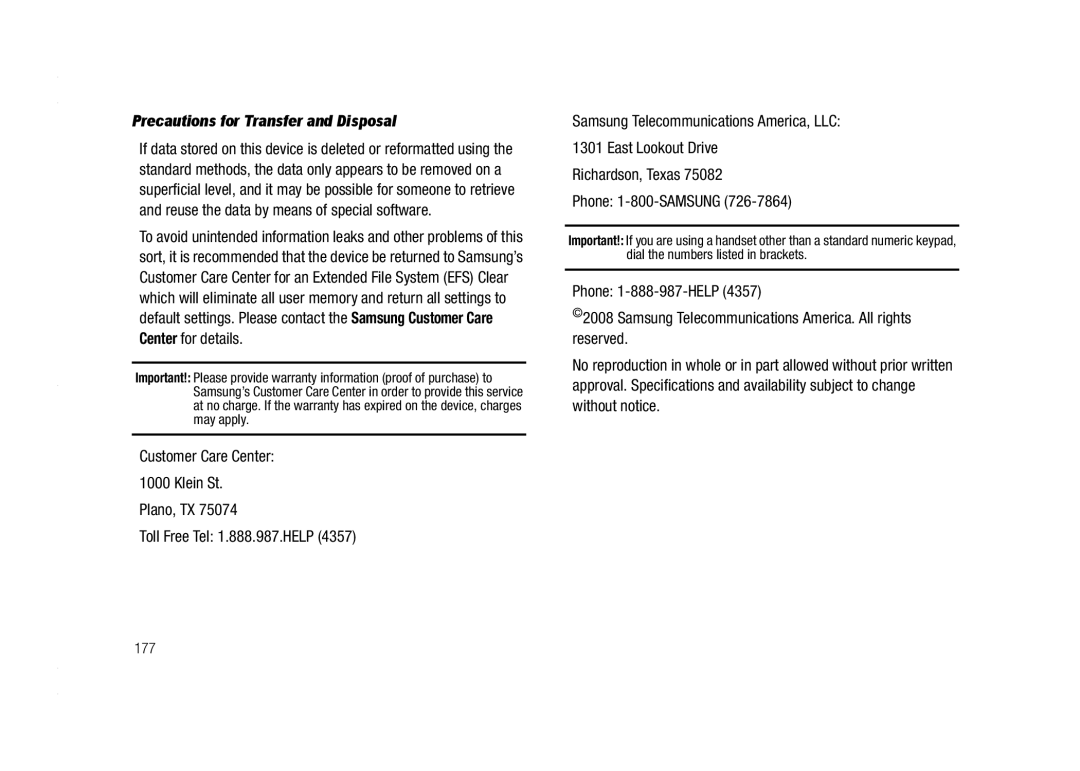 AT&T A837 Rugby user manual Precautions for Transfer and Disposal, 177 