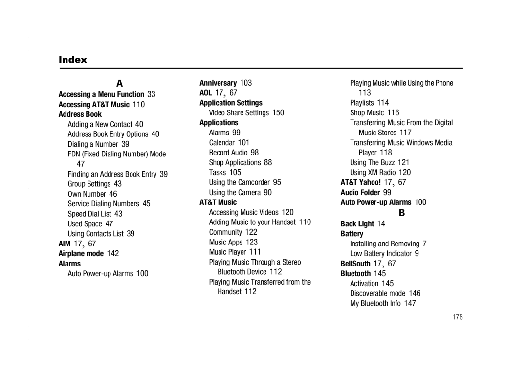 AT&T A837 Rugby user manual Index 