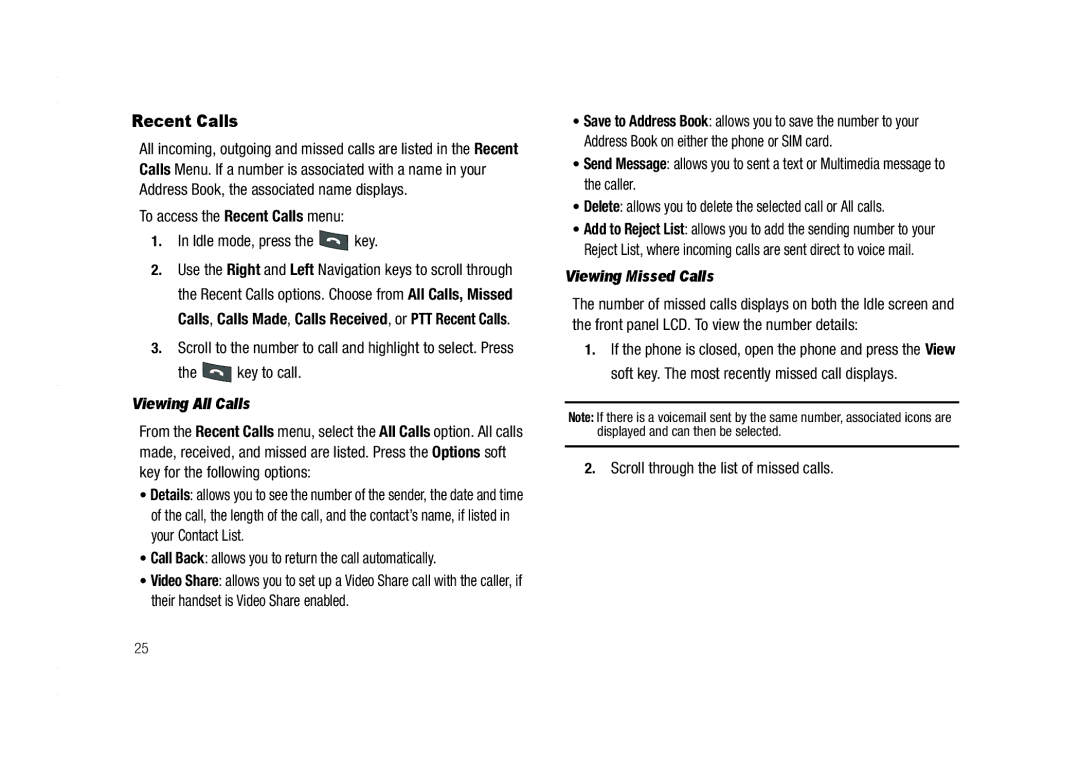 AT&T A837 Rugby user manual Recent Calls, Viewing All Calls, Viewing Missed Calls 