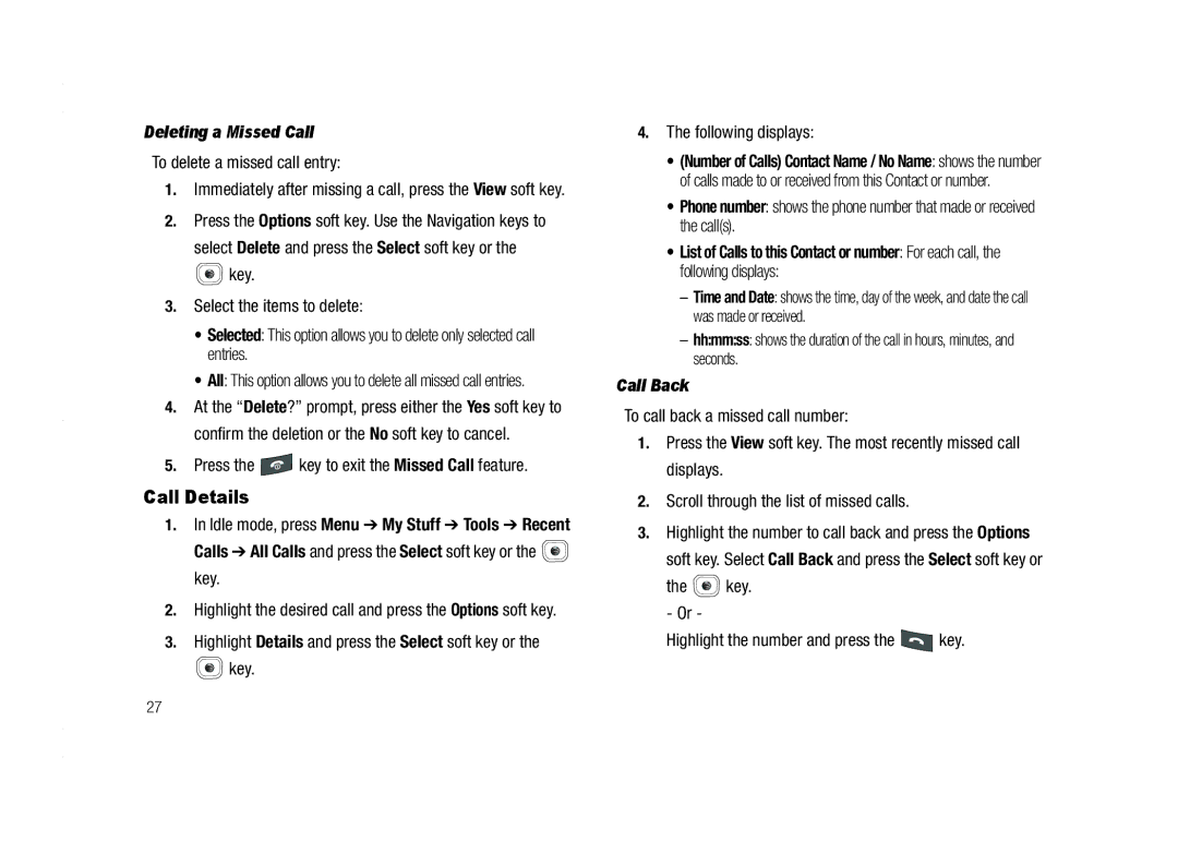 AT&T A837 Rugby user manual Call Details, Deleting a Missed Call, Call Back 