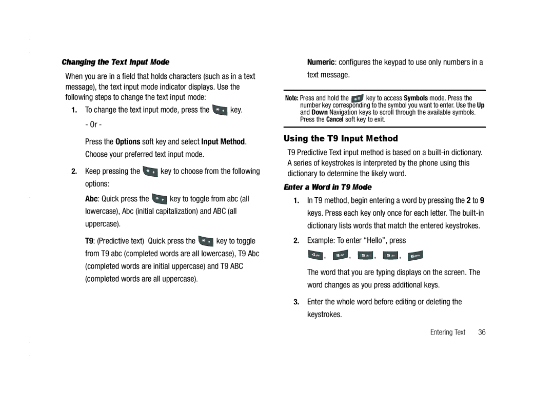 AT&T A837 Rugby user manual Using the T9 Input Method, Changing the Text Input Mode, Enter a Word in T9 Mode 