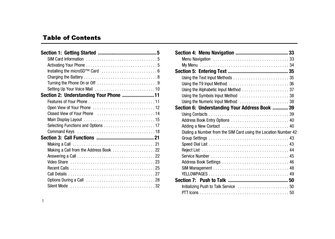 AT&T A837 Rugby user manual Table of Contents 