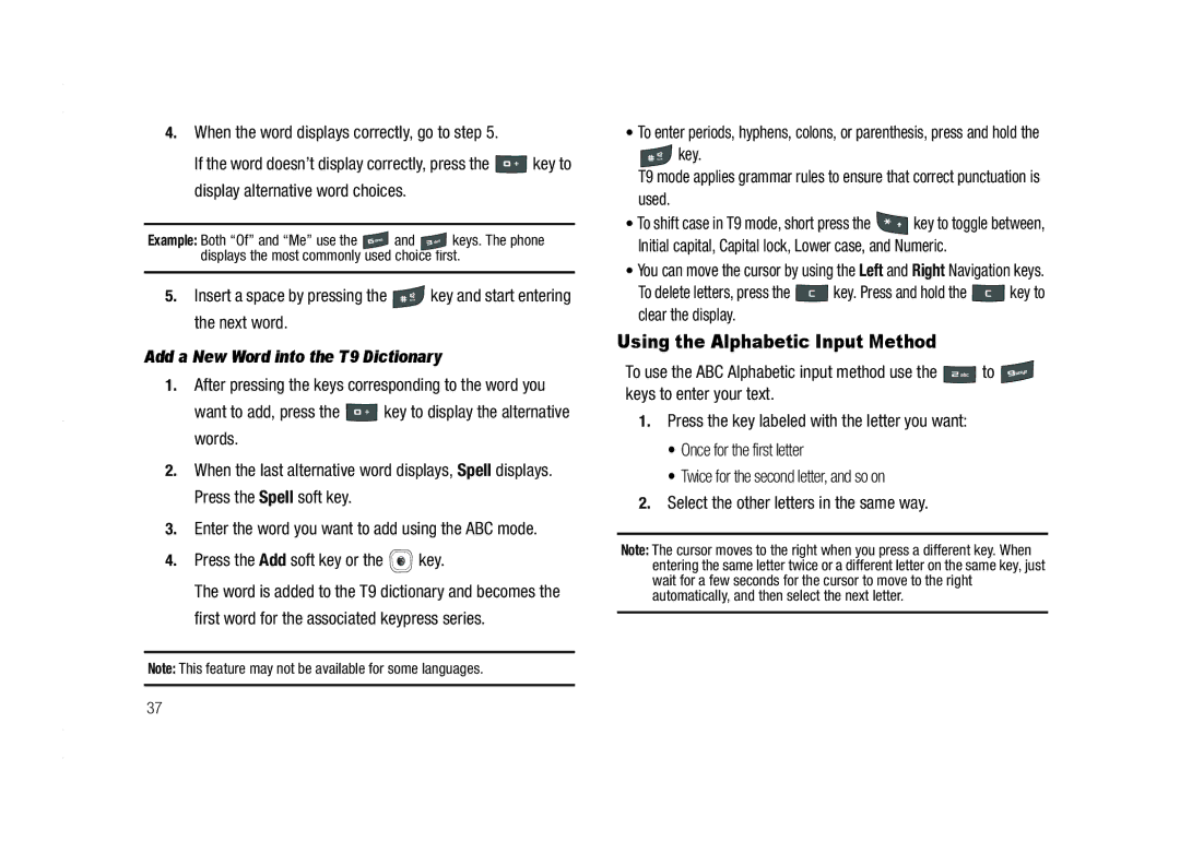 AT&T A837 Rugby user manual Using the Alphabetic Input Method, Add a New Word into the T9 Dictionary 