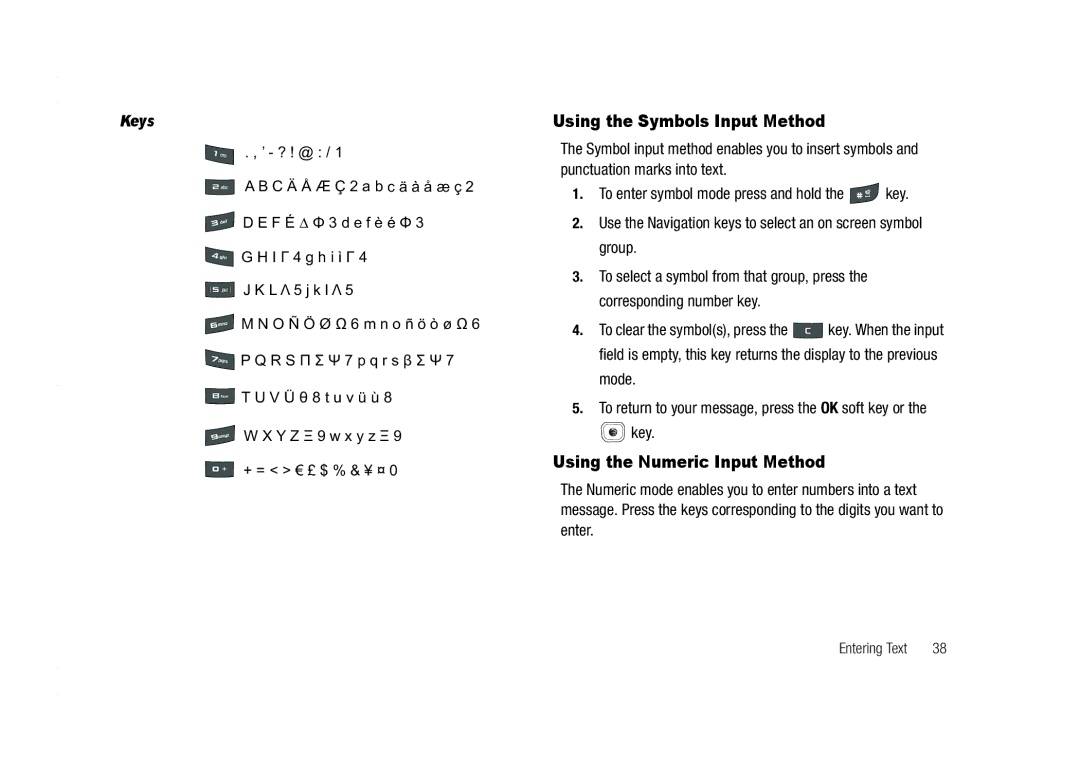 AT&T A837 Rugby user manual Using the Symbols Input Method, Using the Numeric Input Method 