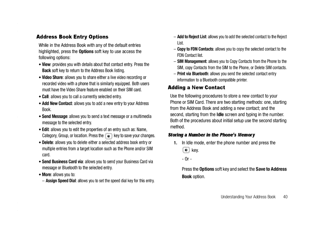 AT&T A837 Rugby user manual Address Book Entry Options, Adding a New Contact, Storing a Number in the Phone’s Memory 