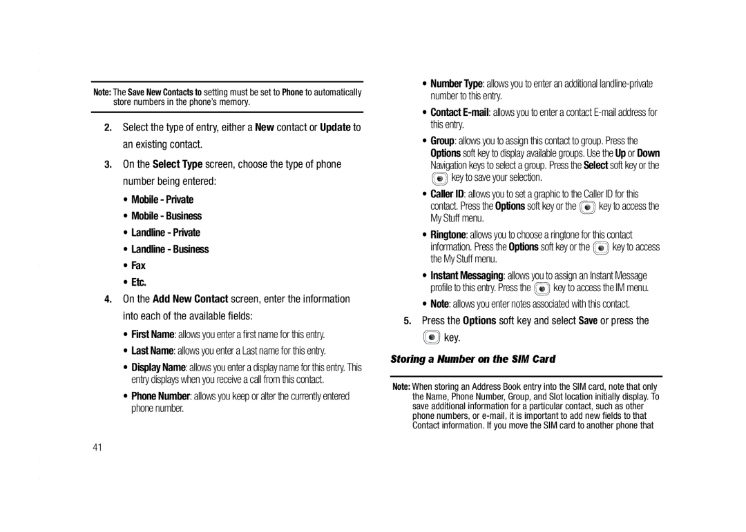 AT&T A837 Rugby user manual Storing a Number on the SIM Card, Ringtone allows you to choose a ringtone for this contact 