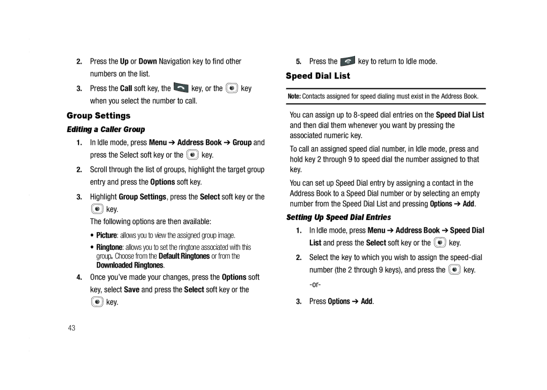 AT&T A837 Rugby Group Settings, Speed Dial List, Editing a Caller Group, Setting Up Speed Dial Entries, Press Options Add 