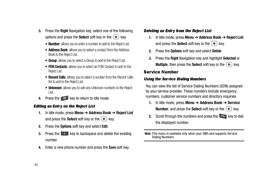 AT&T A837 Rugby user manual Service Number, Editing an Entry on the Reject List, Deleting an Entry from the Reject List 