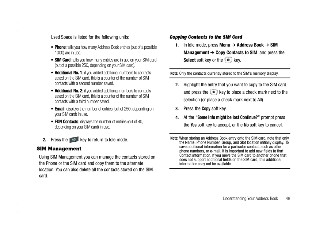 AT&T A837 Rugby user manual SIM Management, Copying Contacts to the SIM Card, Press the Copy soft key 