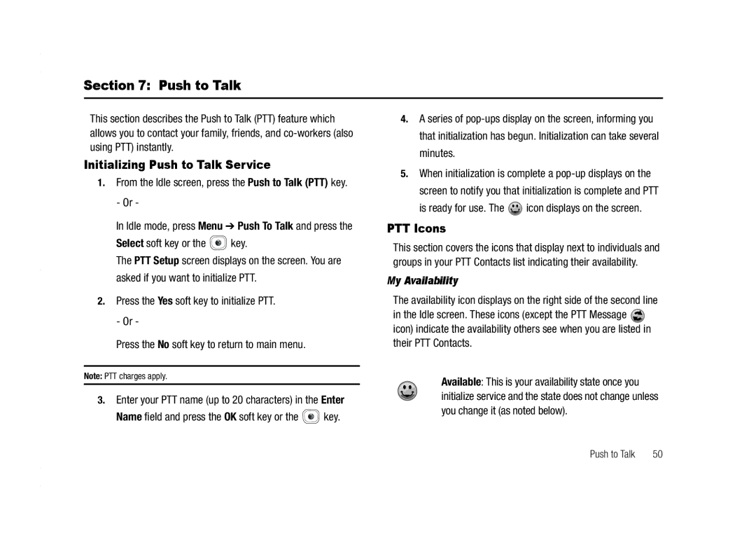 AT&T A837 Rugby user manual Initializing Push to Talk Service, PTT Icons, My Availability 