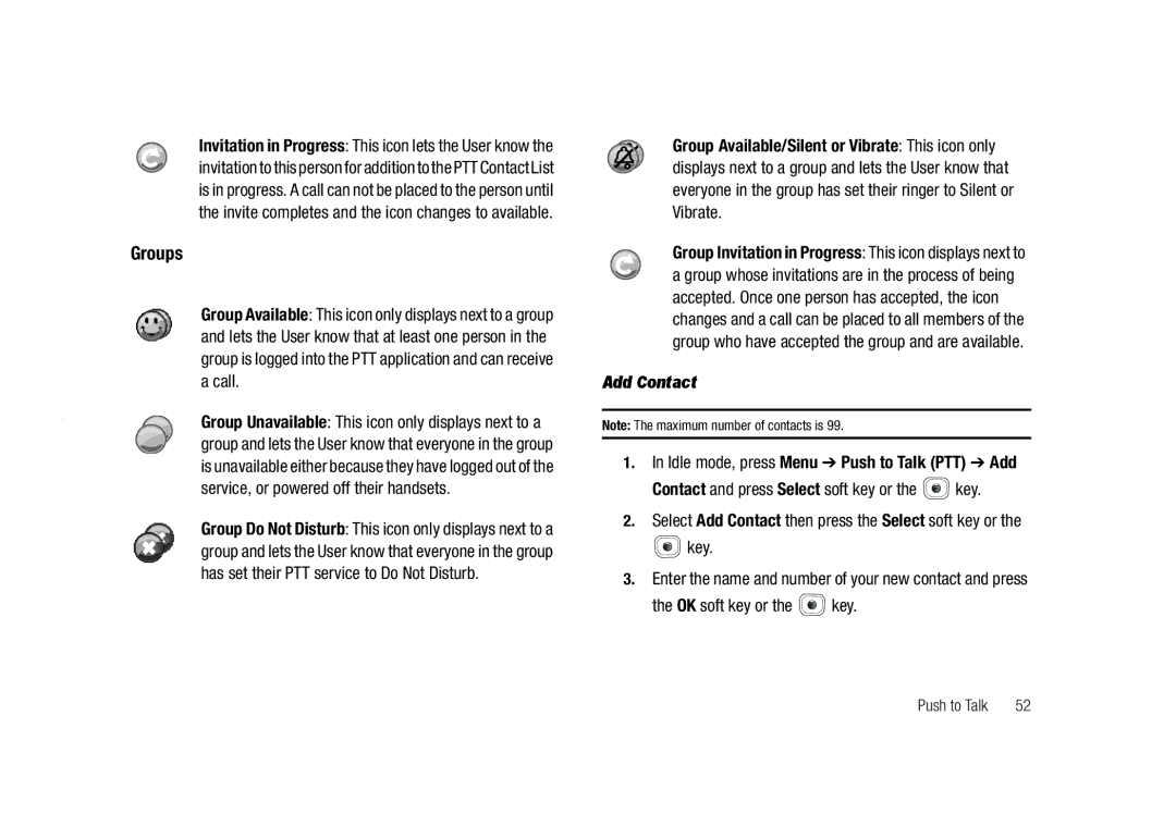 AT&T A837 Rugby user manual Groups, Add Contact, Idle mode, press Menu Push to Talk PTT Add, OK soft key or the key 