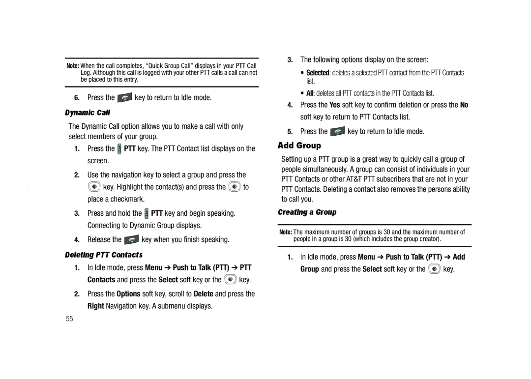 AT&T A837 Rugby Add Group, Dynamic Call, Release the key when you finish speaking, Deleting PTT Contacts, Creating a Group 