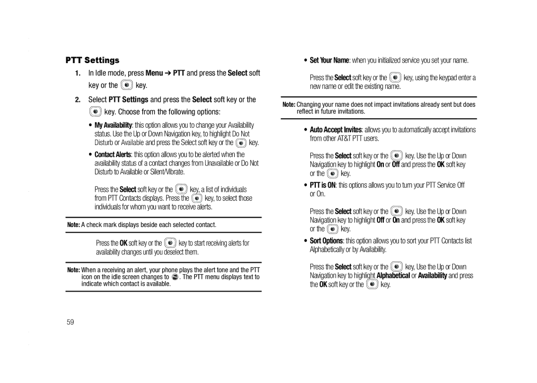 AT&T A837 Rugby PTT Settings, Key. Choose from the following options, Idle mode, press Menu PTT and press the Select soft 