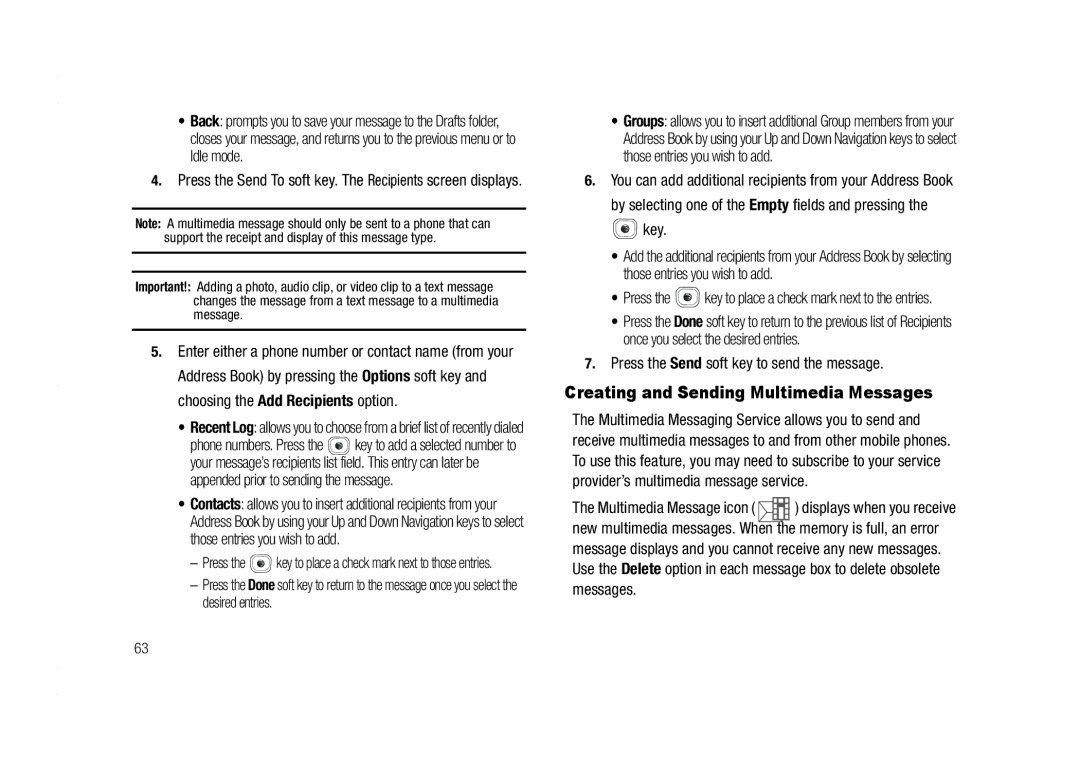 AT&T A837 Rugby user manual Creating and Sending Multimedia Messages, By selecting one of the Empty fields and pressing Key 