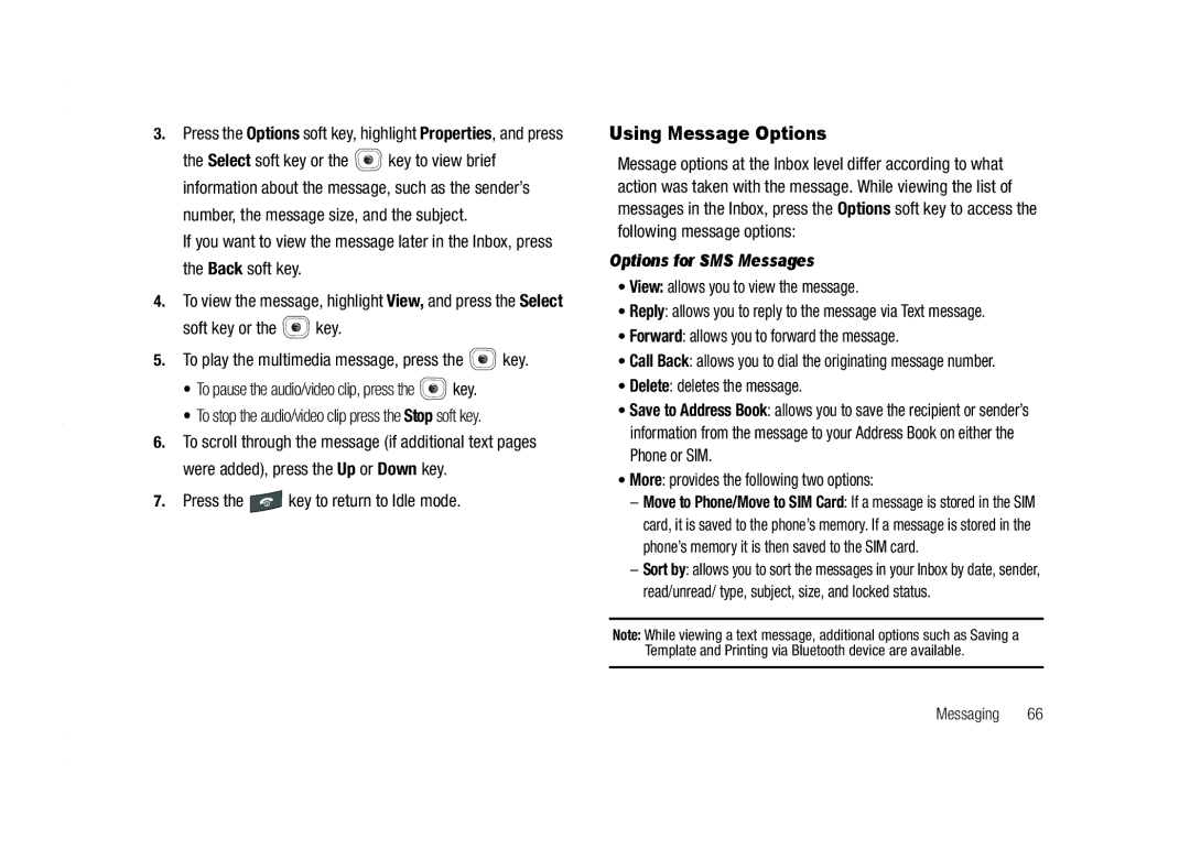 AT&T A837 Rugby user manual Using Message Options, Options for SMS Messages 