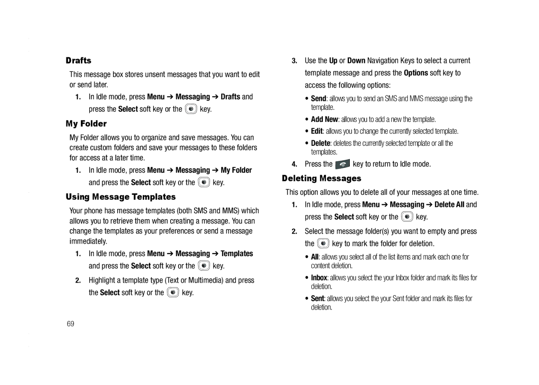 AT&T A837 Rugby user manual Drafts, My Folder, Using Message Templates, Deleting Messages 