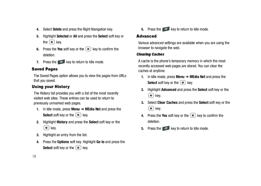 AT&T A837 Rugby user manual Saved Pages, Using your History, Advanced, Clearing Caches 