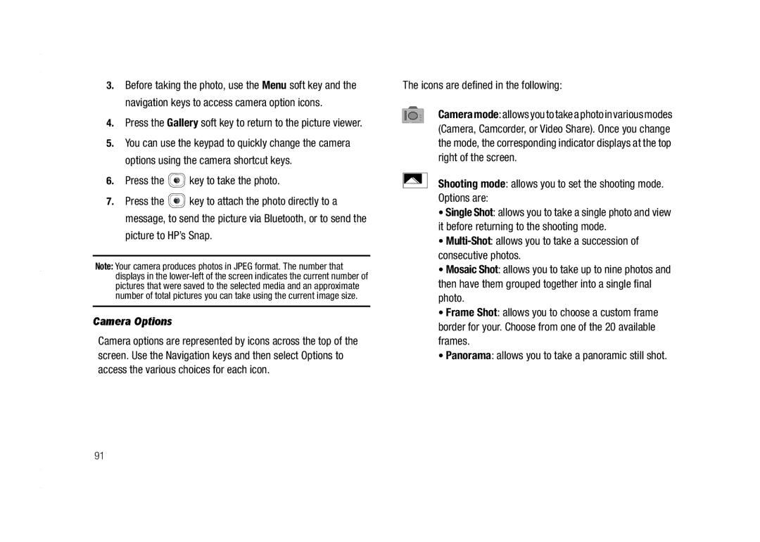 AT&T A837 Rugby user manual Press the key to take the photo, Camera Options, Icons are defined in the following 