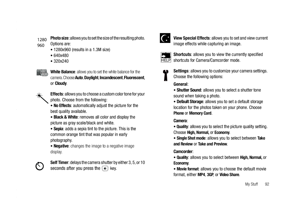 AT&T A837 Rugby user manual Options are 1280x960 results in a 1.3M size 640x480 320x240, General, Camera, Camcorder 