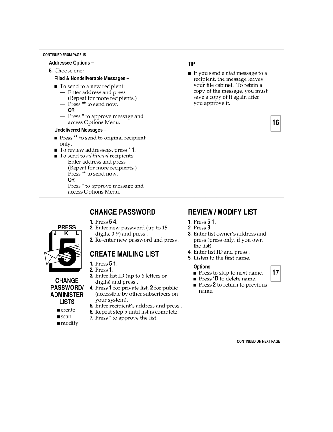 AT&T Answering Machine manual Change Password, Create Mailing List, Tip, PASSWORD/ Administer Lists 