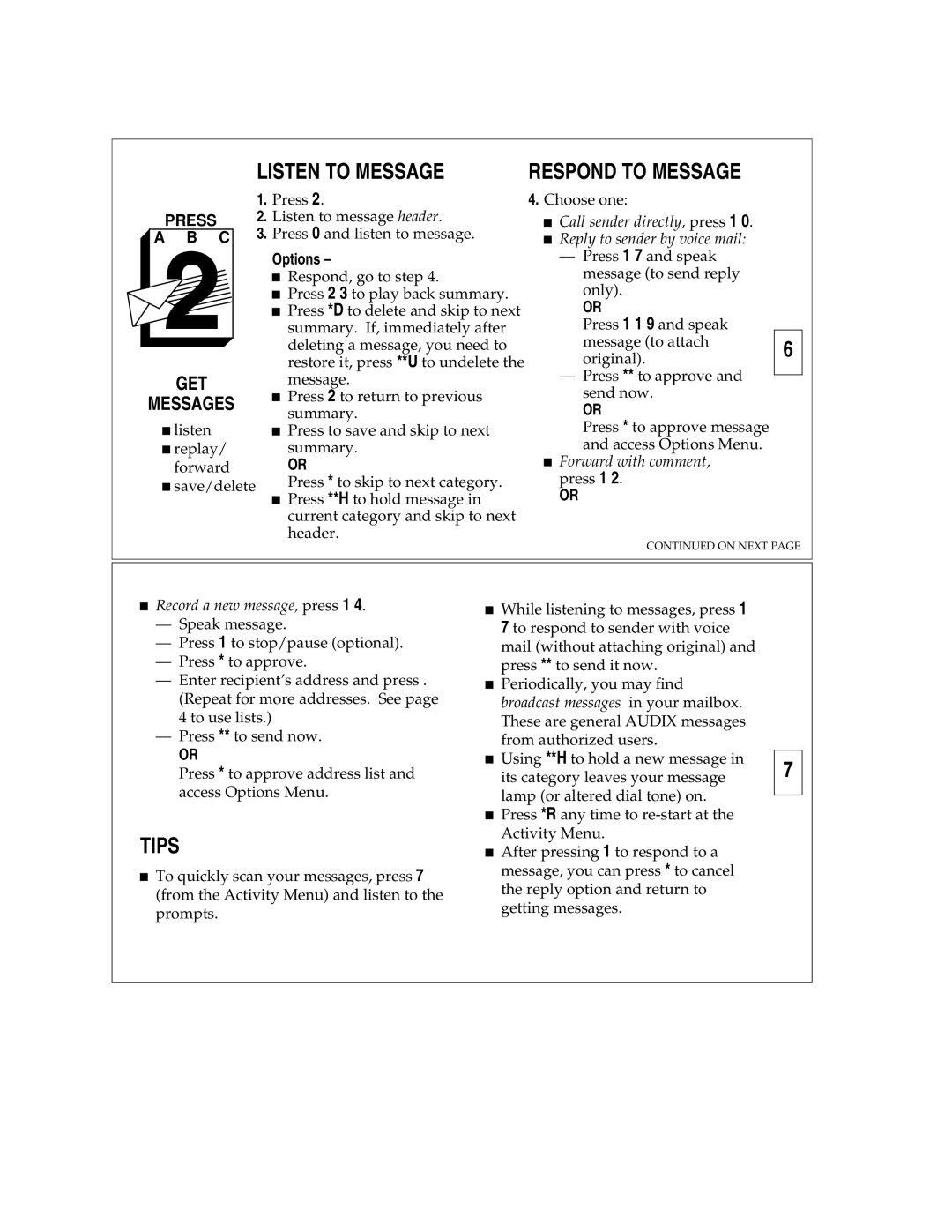 AT&T Answering Machine manual Listen to Message, Get, Respond to Message, Press, Messages 