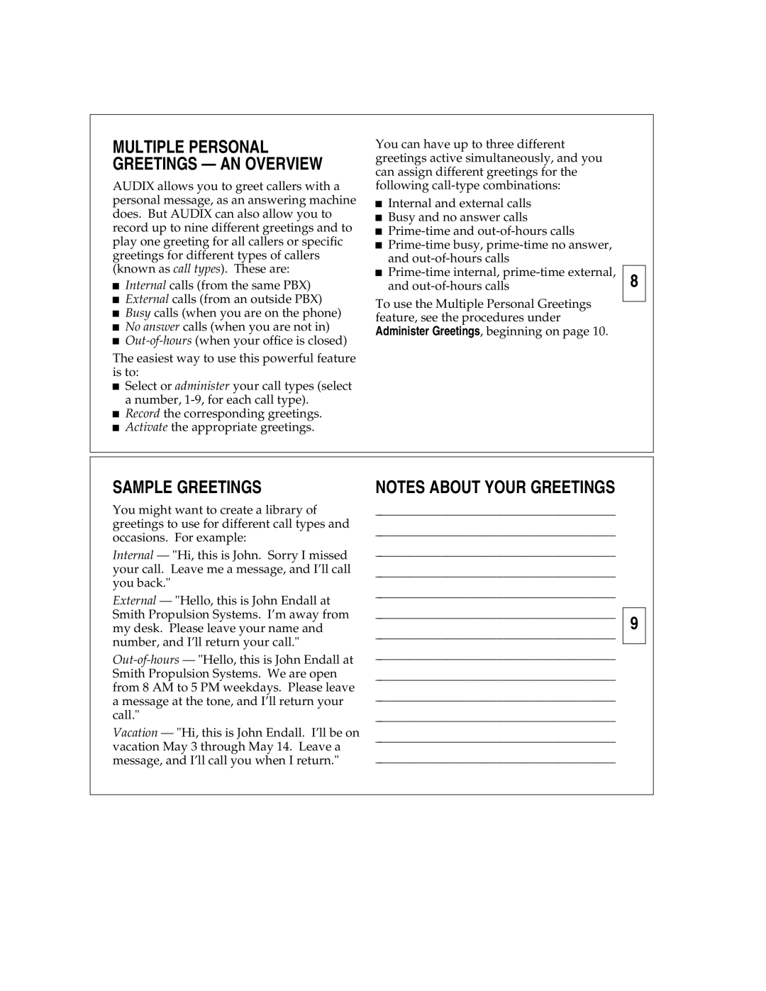 AT&T Answering Machine manual Sample Greetings, Multiple Personal Greetings AN Overview 