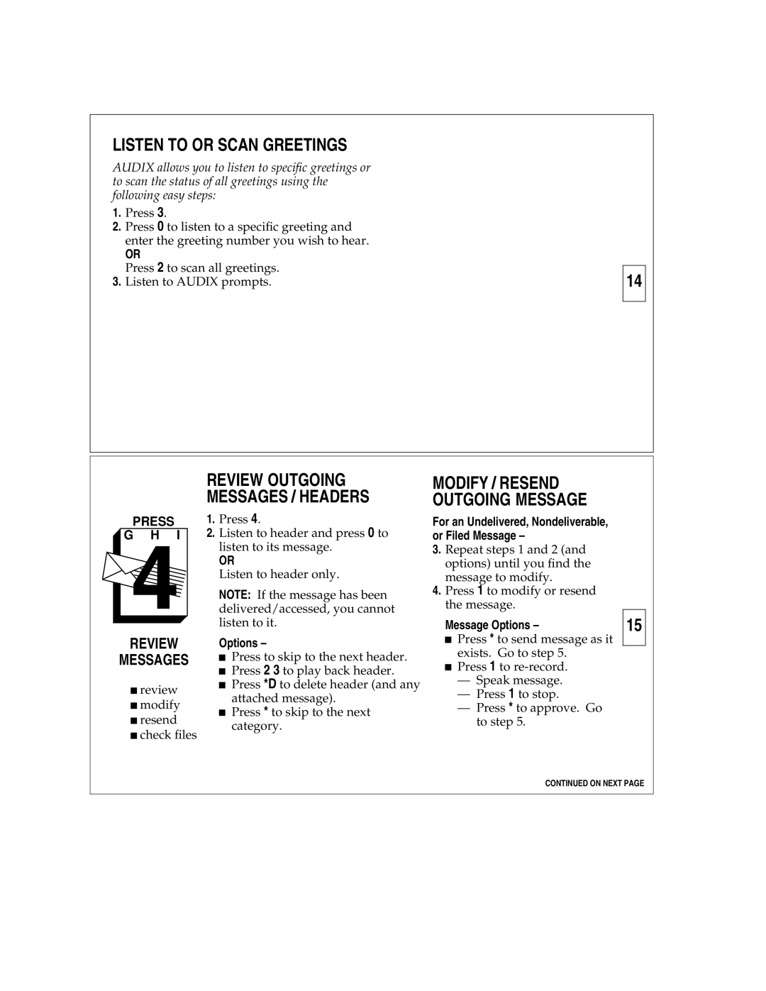 AT&T Answering Machine Listen to or Scan Greetings, Review Messages, Review Outgoing Messages / Headers, Message Options 