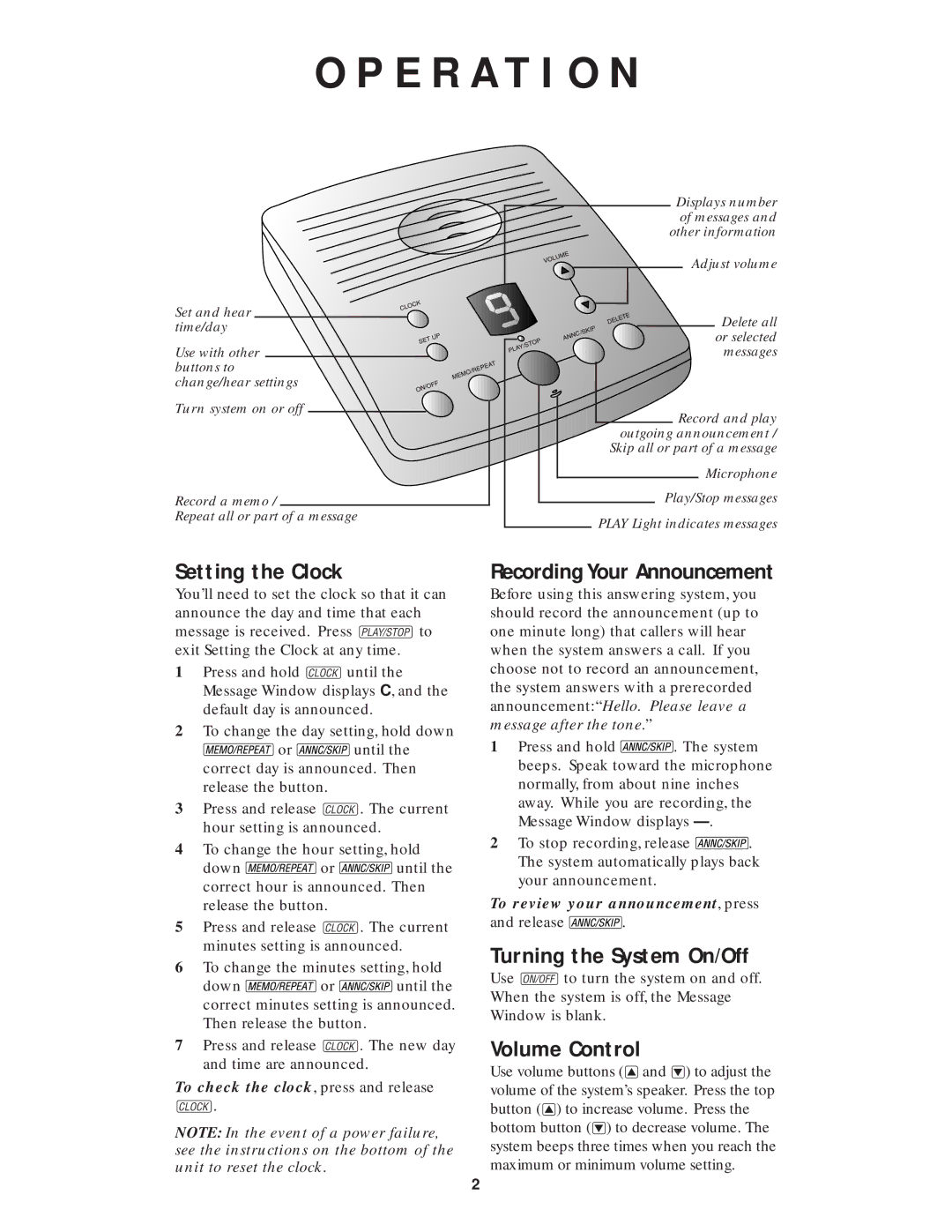 AT&T AS45 E R a T I O N, Setting the Clock, Recording Your Announcement, Turning the System On/Off, Volume Control 