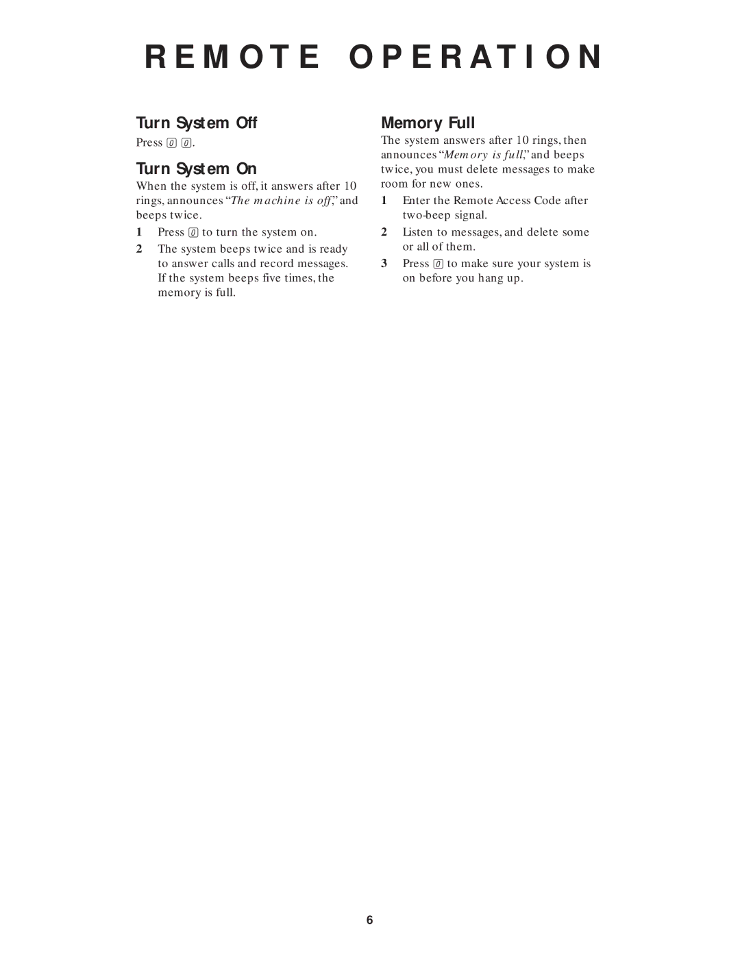 AT&T AS45 user manual Turn System Off, Turn System On, Memory Full 