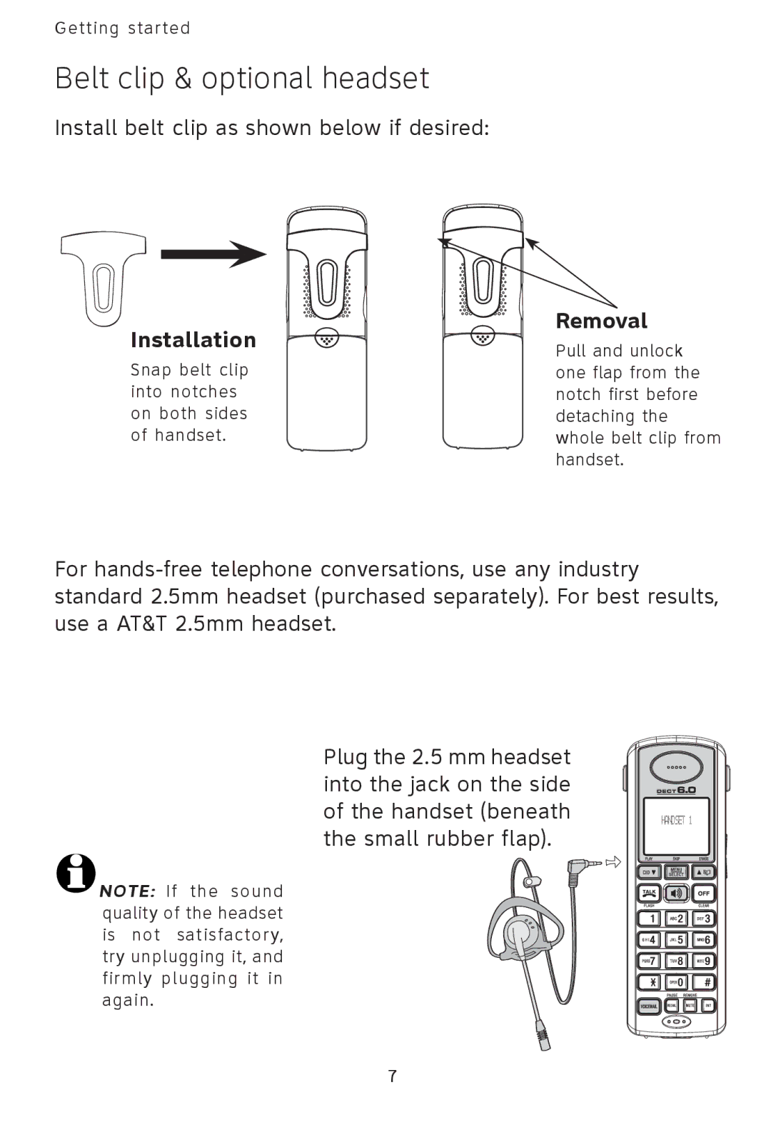 AT&T AT3101 user manual Belt clip & optional headset, Installation, Removal 