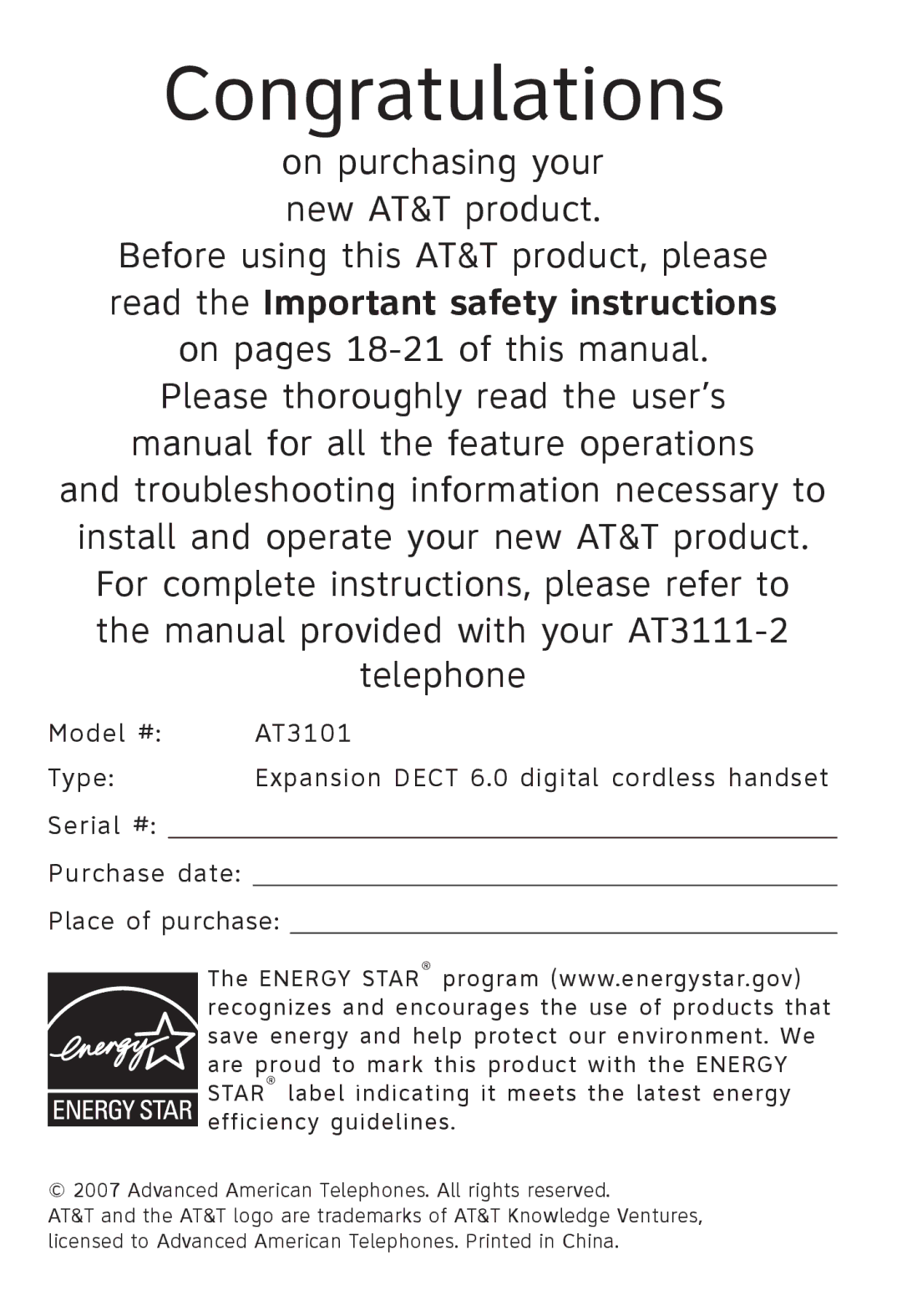 AT&T AT3101 user manual Congratulations, On purchasing your new AT&T product 