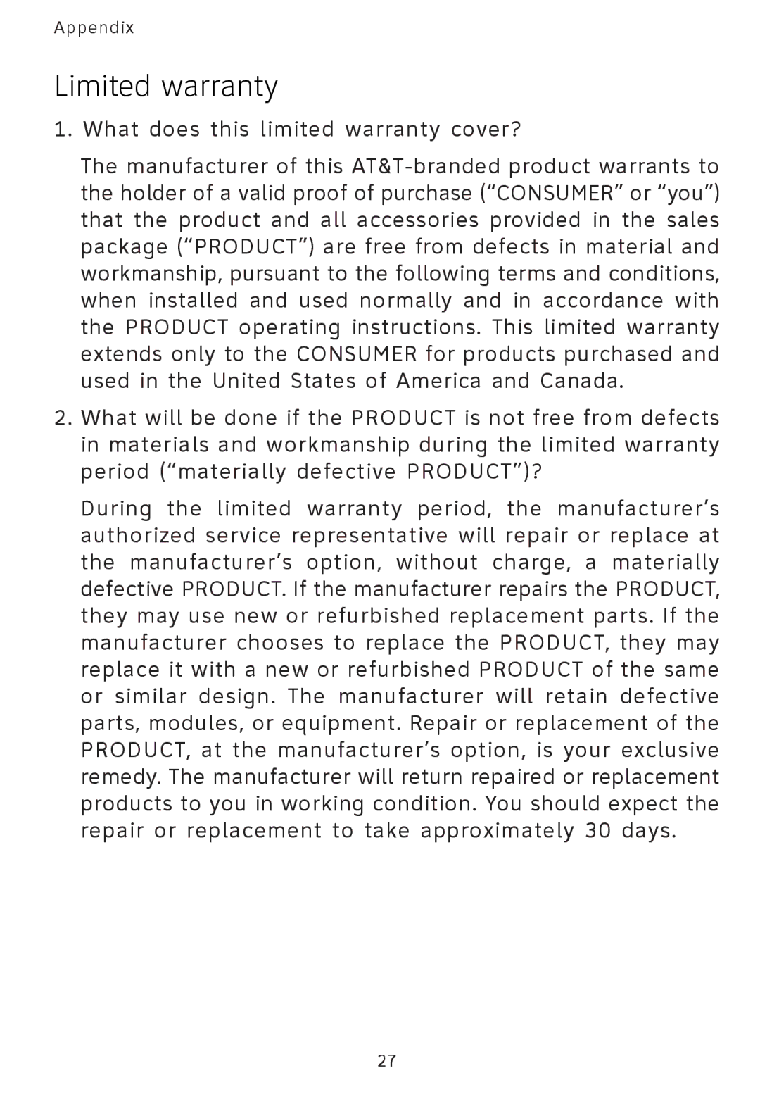 AT&T AT3101 user manual Limited warranty 